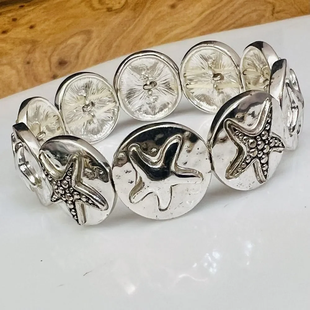 Vintage Silver STAR FISH Elastic Stretch Beach Summer Nautical Bracelet 1466